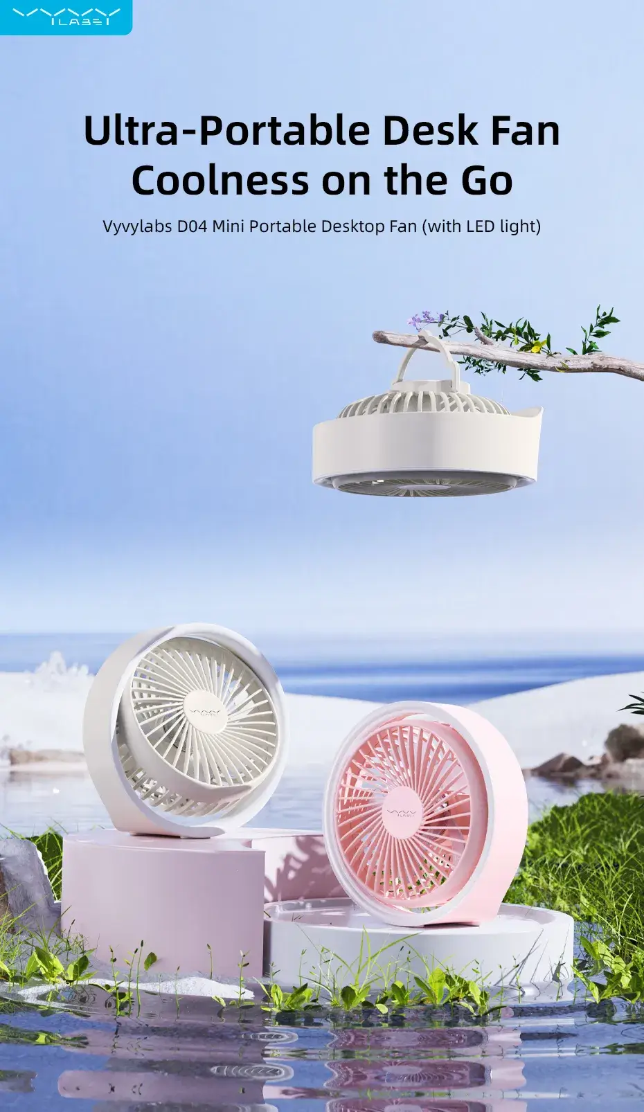 Vyvylabs VKD04-WH Mini Portable Desktop Fan with LED Light
