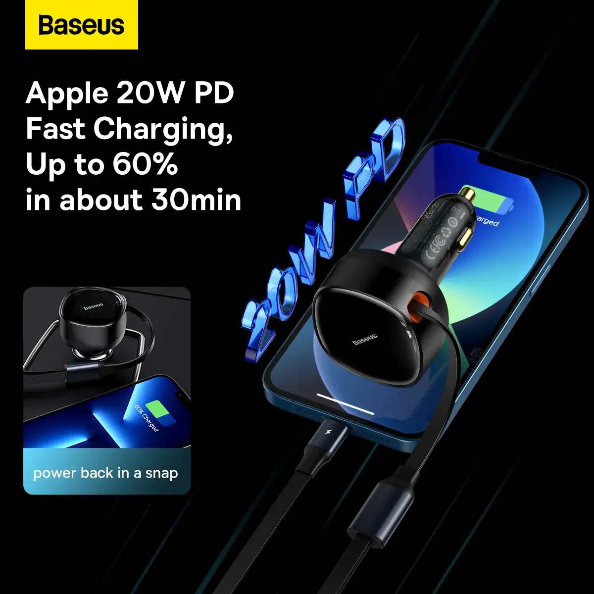 Baseus Enjoyment Series Retractable Car Charger Dual Output Type-C & Lightning 30W Fast Charging
