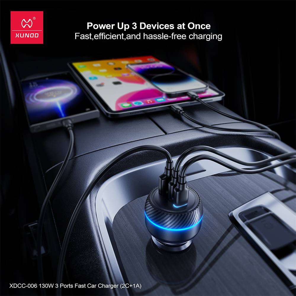 XUNDD XDCC-006 130W Dual USB-C & USB-A 3-Port Fast Car Charger