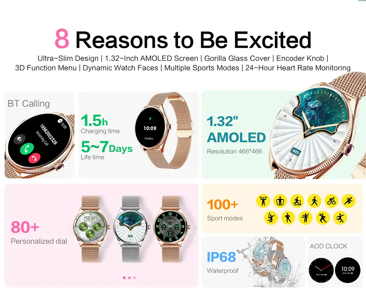 Valdus VL60 Pro AMOLED Bluetooth Calling Ladies Smartwatch