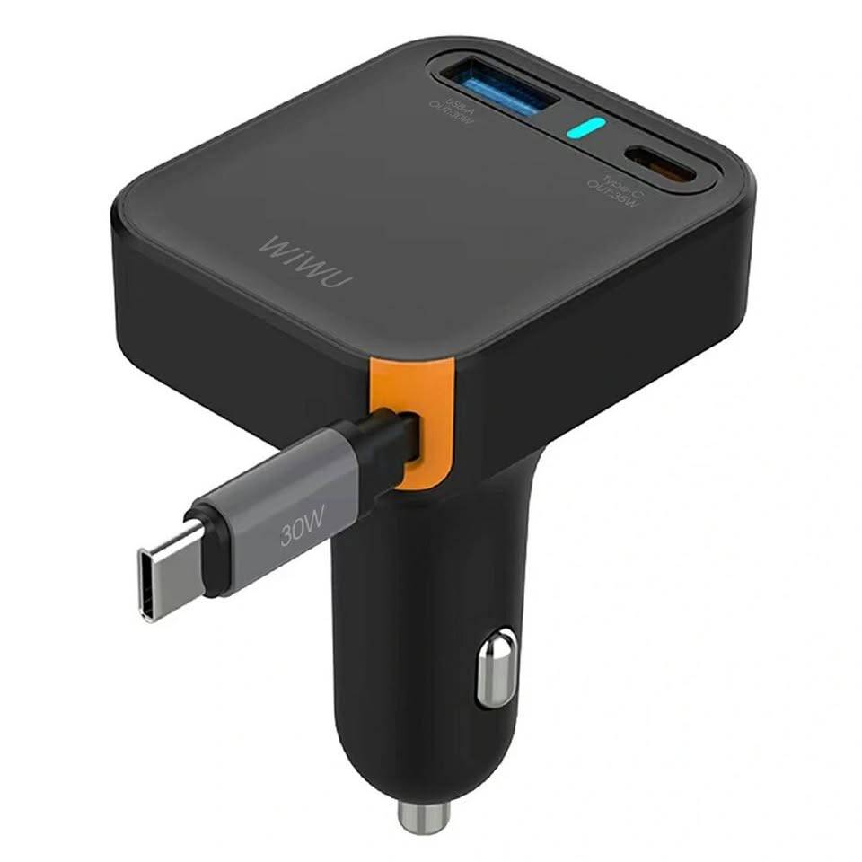 WIWU Wi-CC033 Helix 65W USB-A and USB-C Car Charger with Retractable USB-C Cable