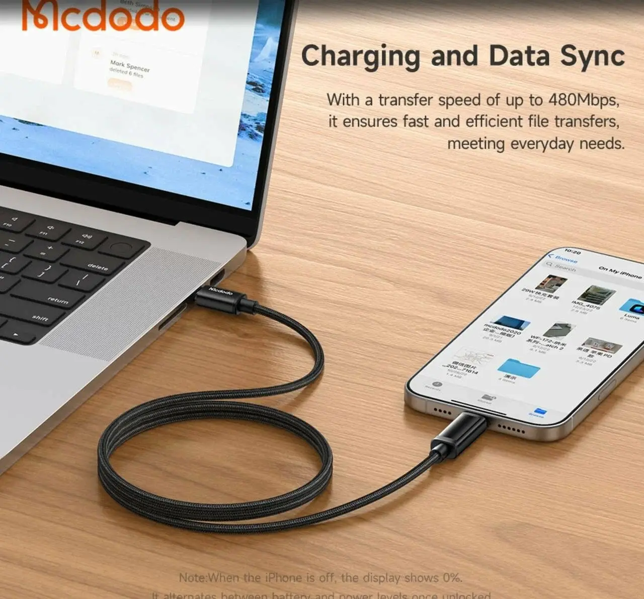 Mcdodo CA-7990 Type-C to Lightning 36W Fast Charging Cable with Dual LED Display 1.2m