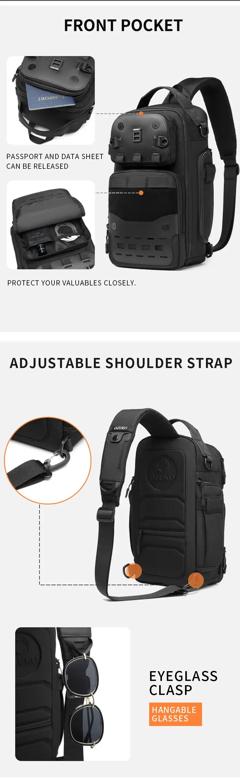 Ozuko 9659 Lightweight Waterproof Anti-Theft Chest & Shoulder Messenger Crossbody Bag