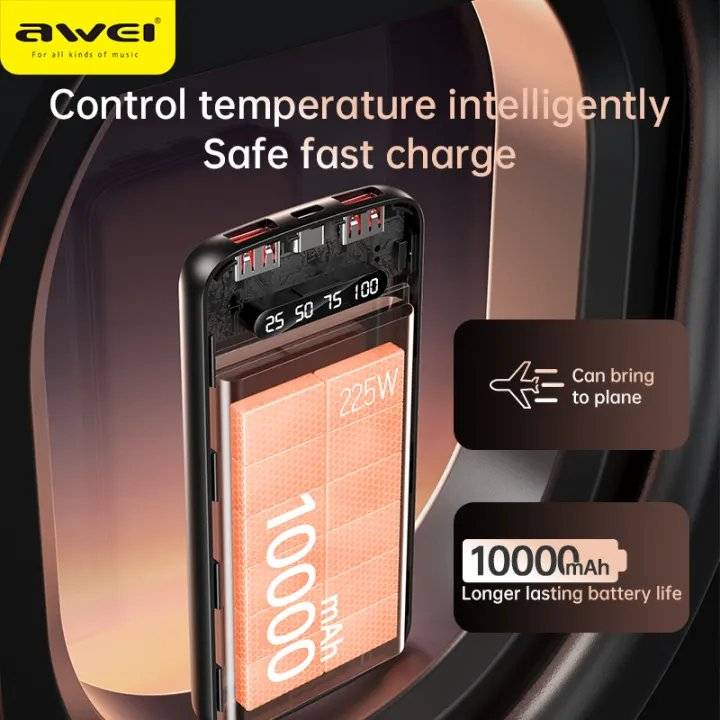 Awei P10K 10000mAh 22.5W PD+QC Fast Charging Slim Power Bank with Digital Display