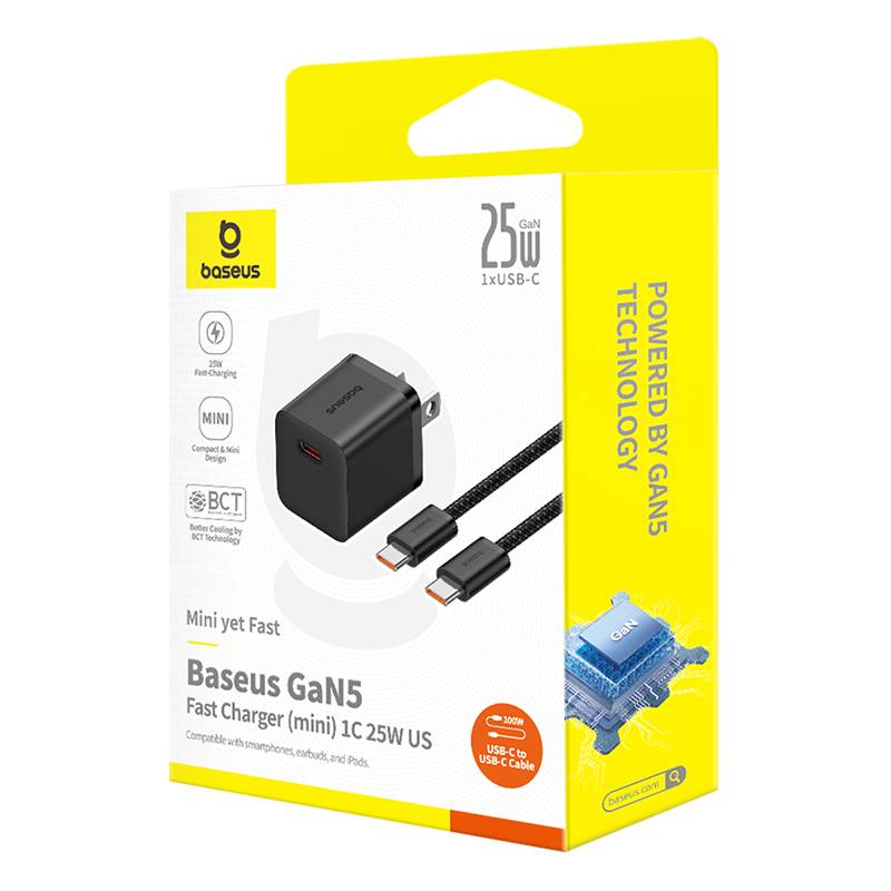 Baseus GaN5 Mini 25W Fast Charger (1C) with 1M USB-C to USB-C Cable