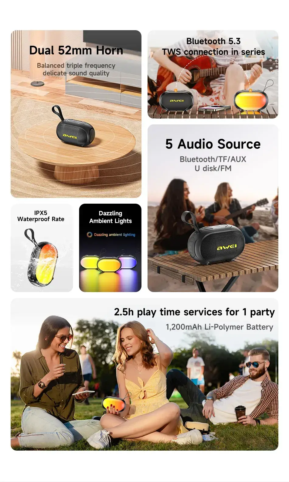 Awei KA1 Portable RGB Bluetooth Speaker with Dynamic LED Lighting