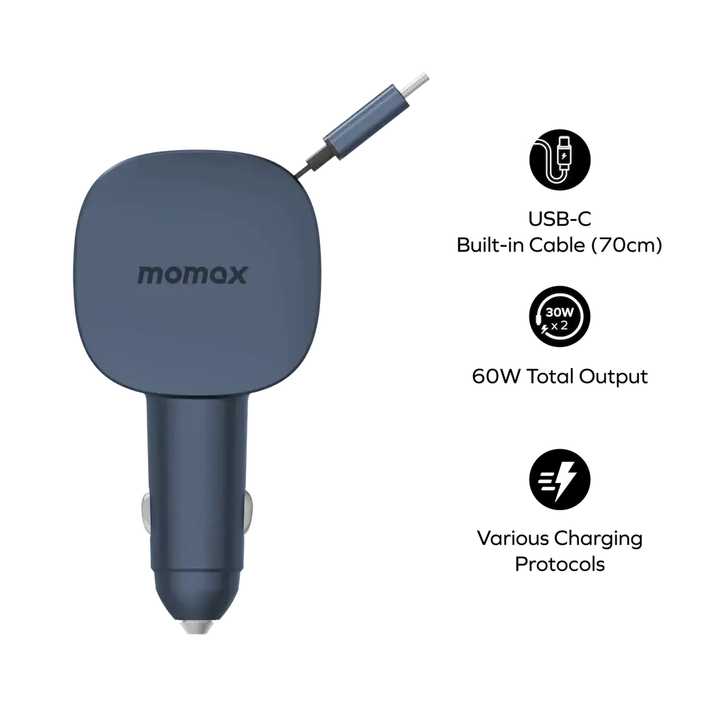 Momax 1-Move⁺ 60W 2-Port Car Charger with Built-In Retractable Cable