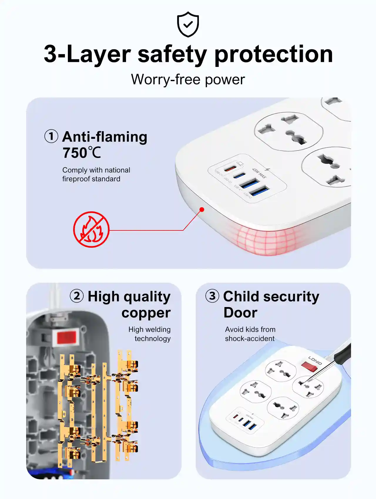 LDNIO SC4407C Universal Power Strip with 4 AC Outlets & 45W USB Fast Charging