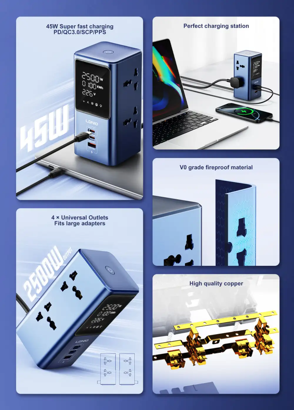 LDNIO SC2 45W GaN PD Fast Charging 7-in-1 Power Strip with LED Display