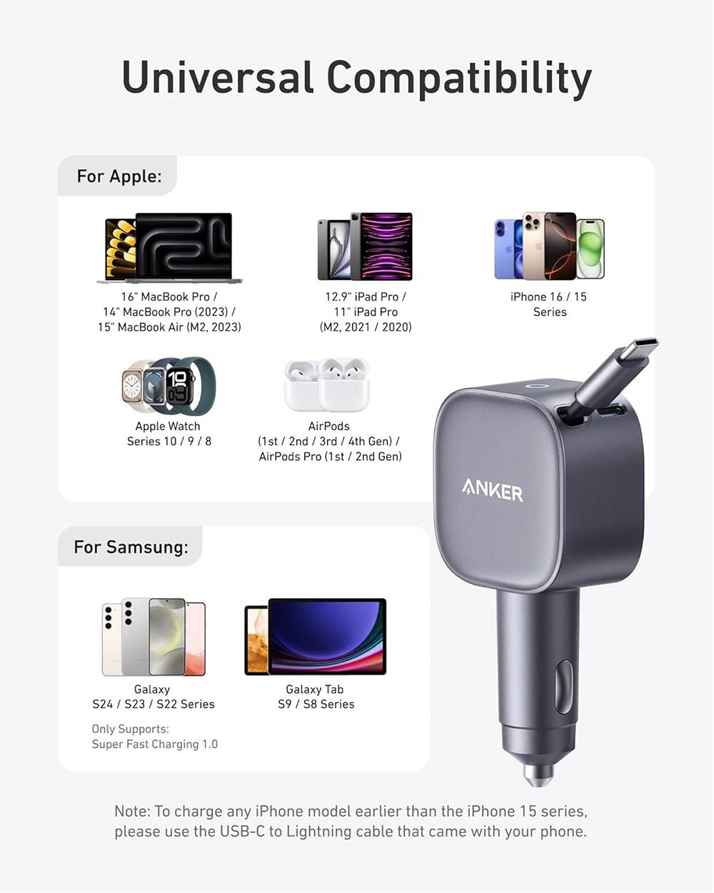 Anker Nano A2738 75W USB-C Car Charger Built-in Retractable USB-C Cable