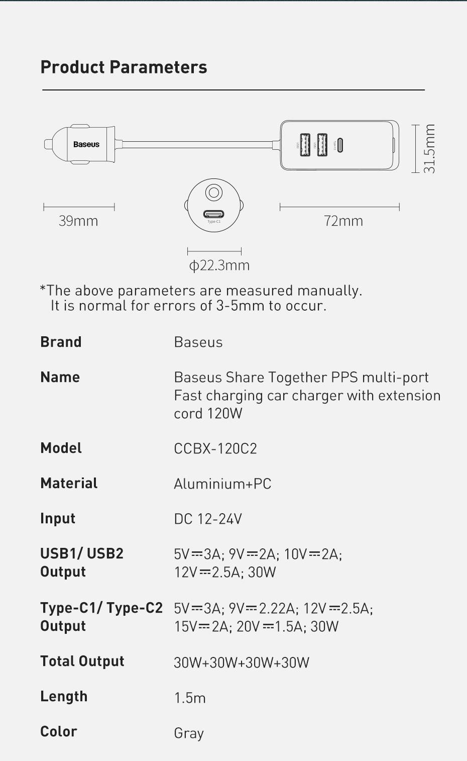 Baseus Share Together PPS Multi-port Fast Car Charger with Extension Cord