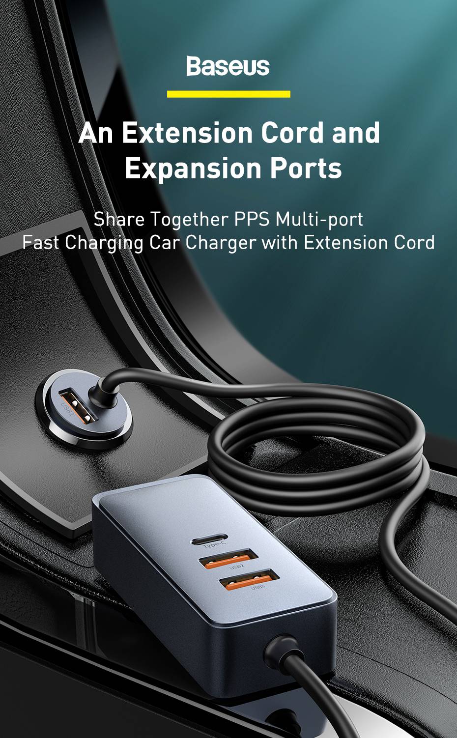 Baseus Share Together PPS Multi-port Fast Car Charger with Extension Cord