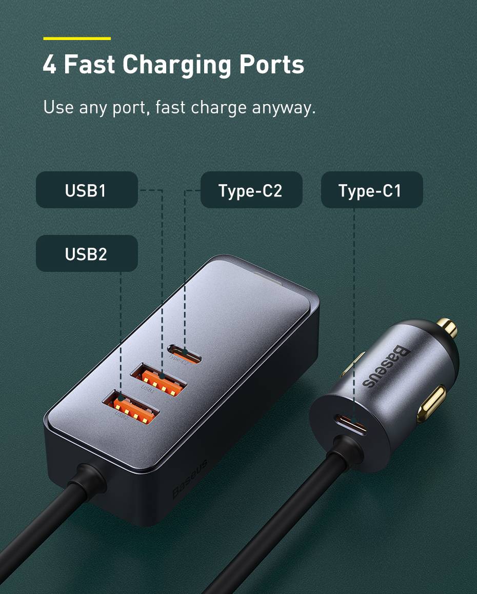 Baseus Share Together PPS Multi-port Fast Car Charger with Extension Cord