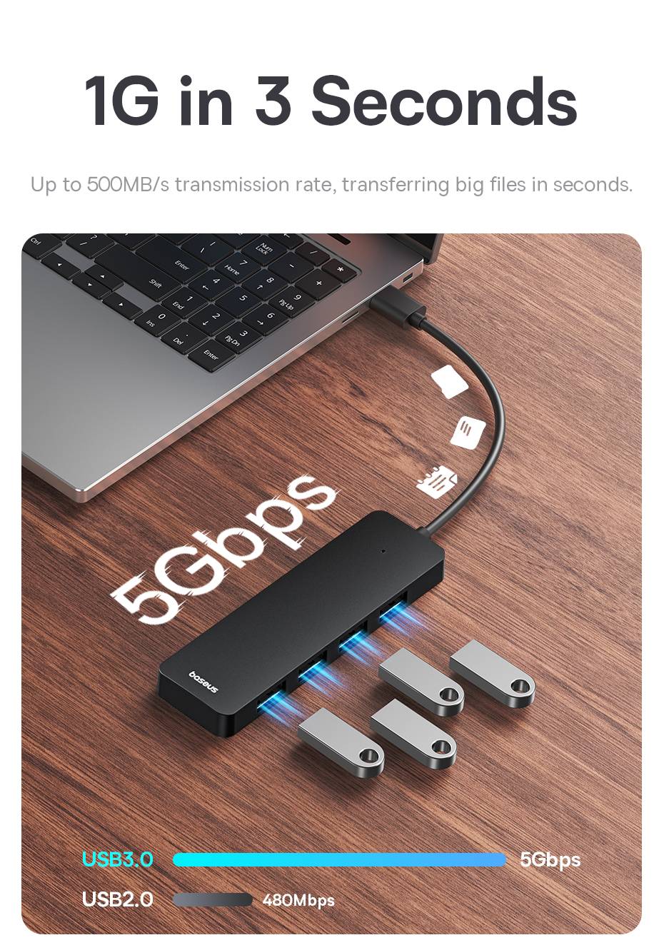 Baseus UltraJoy Series 4-Port USB-A Hub: Versatile USB3.0 Docking Station with Extended 100cm Cable 