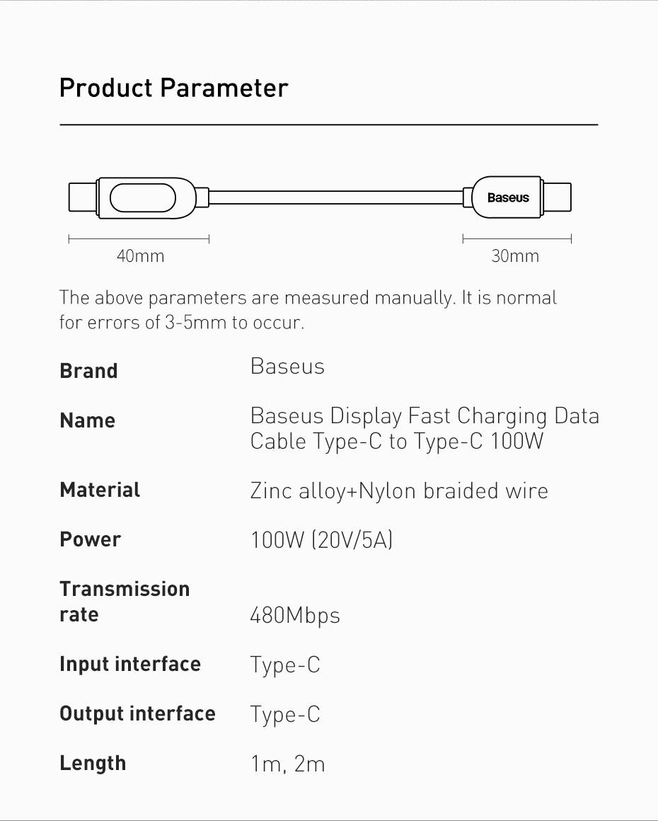 BASEUS Display Fast Charging 100W Data Cable Type-C to Type-C – 1M