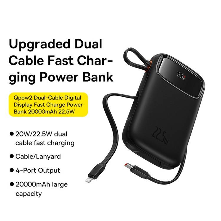 Baseus Qpow 2 Power Bank: 22.5W 20000mAh with Built-In Lightning & Type-C Cables and Digital Display