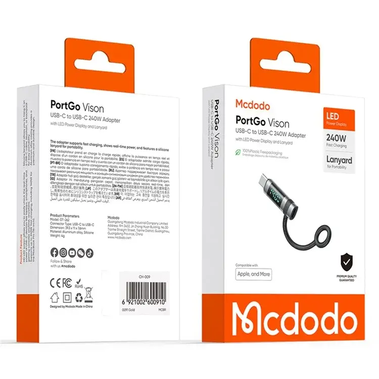 McDodo OT-2620 MDD USB-C to USB-C Adapter 240W PD Fast Charging Mini Converter with Digital Power Display