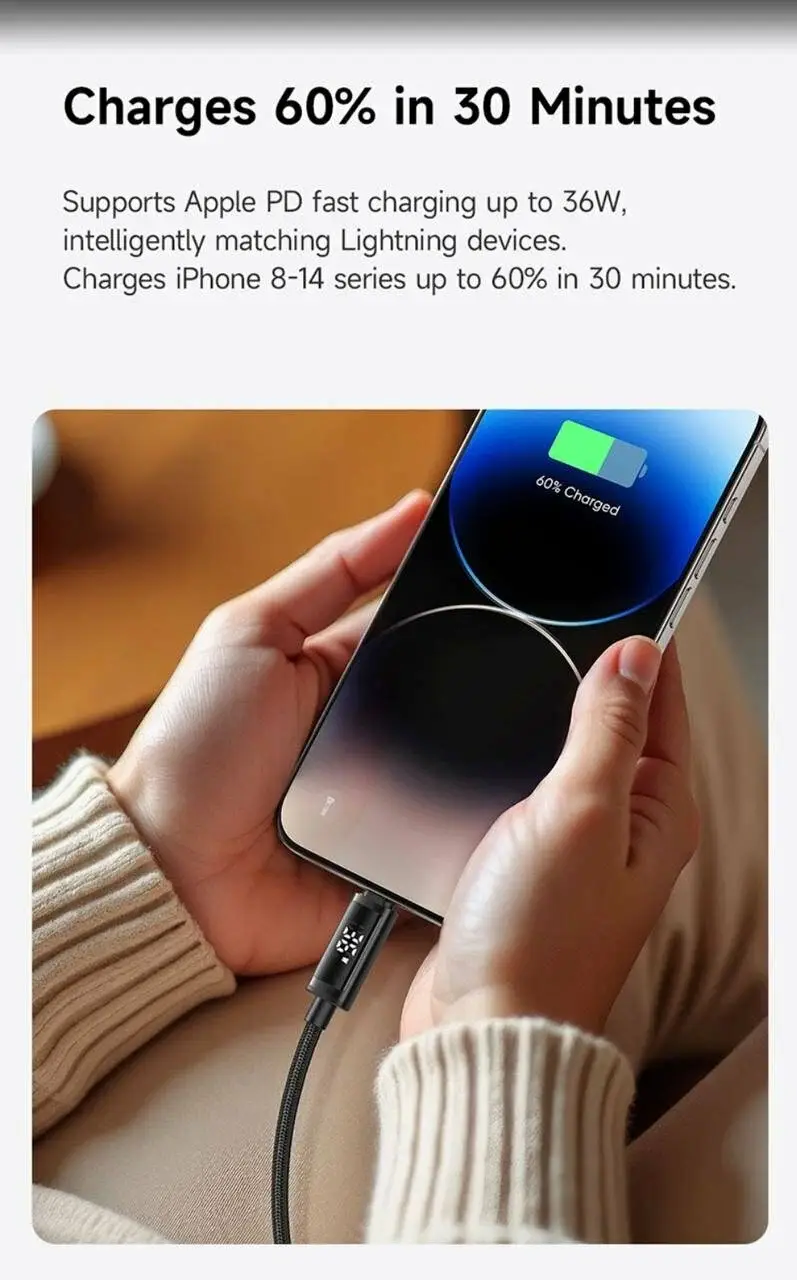 Mcdodo CA-7990 Type-C to Lightning 36W Fast Charging Cable with Dual LED Display 1.2m