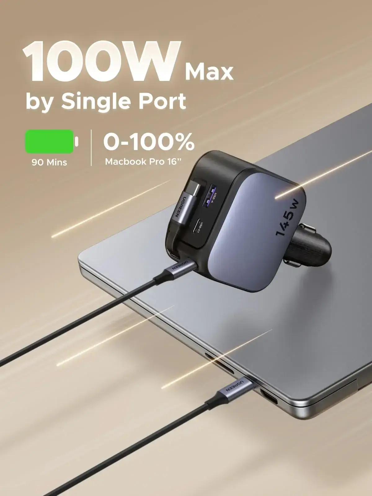 UGREEN 60W/90W/145W High-Power Car Charger with Fast Charging Support