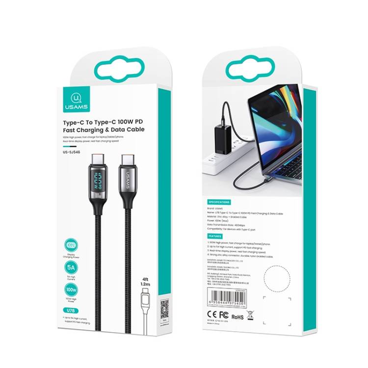 USAMS US-SJ559 U78 100W PD USB-C to USB-C Fast Charging Digital Data Cable 3m (Black)