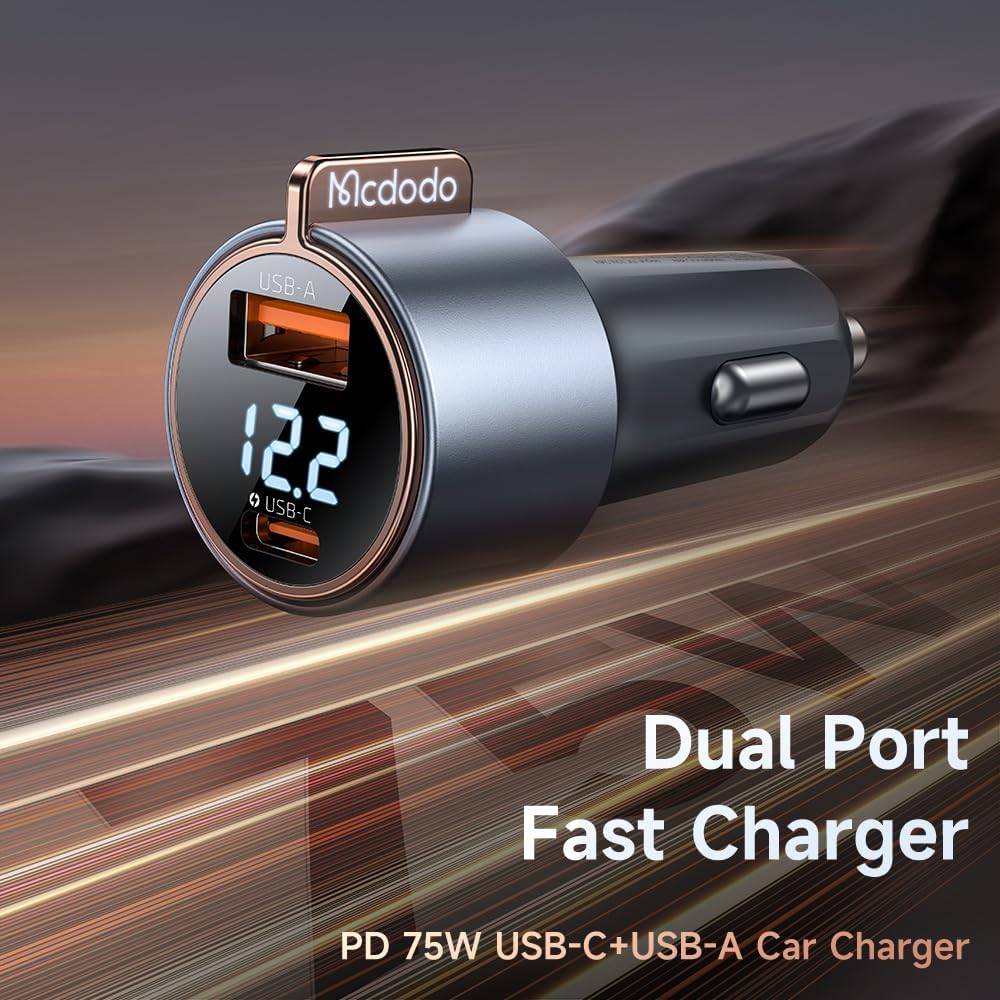 Mcdodo CC-3690 75W Dual-Port Fast Car Charger with USB-A & USB-C Digital Display Black