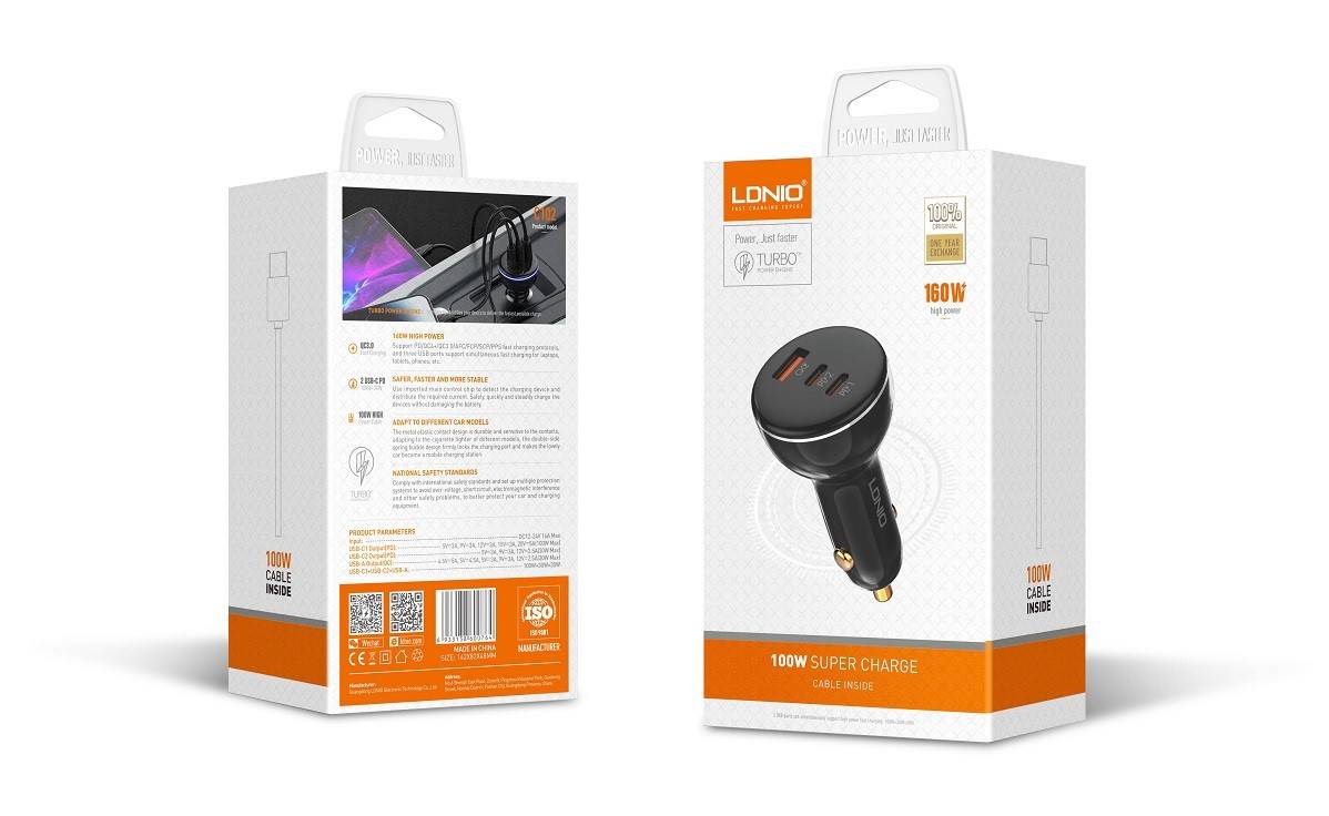 LDNIO C102 160W 3-Port Car Charger with 100W USB-C to USB-C Cable