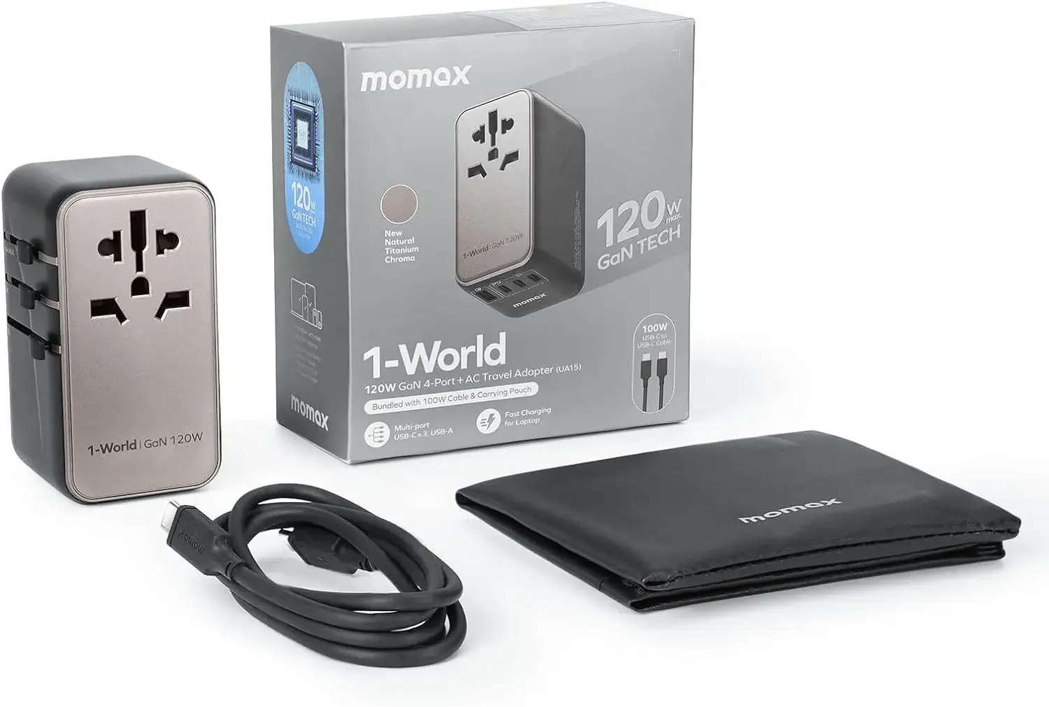 Momax 1-World Universal 4-Port Travel GaN Charger 120W + USB-C Cable