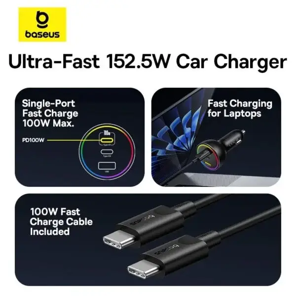 Baseus 152.5W Multi-Port Car Charger Dual USB-C + USB-A Fast Charging Set
