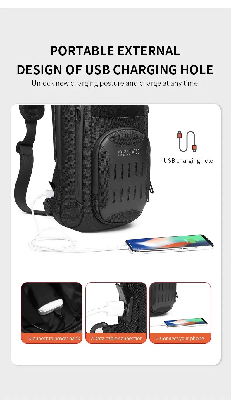 Ozuko 9361 Waterproof Anti-Theft USB Chest Pouch Mobile Shoulder & Fanny Crossbody Bag