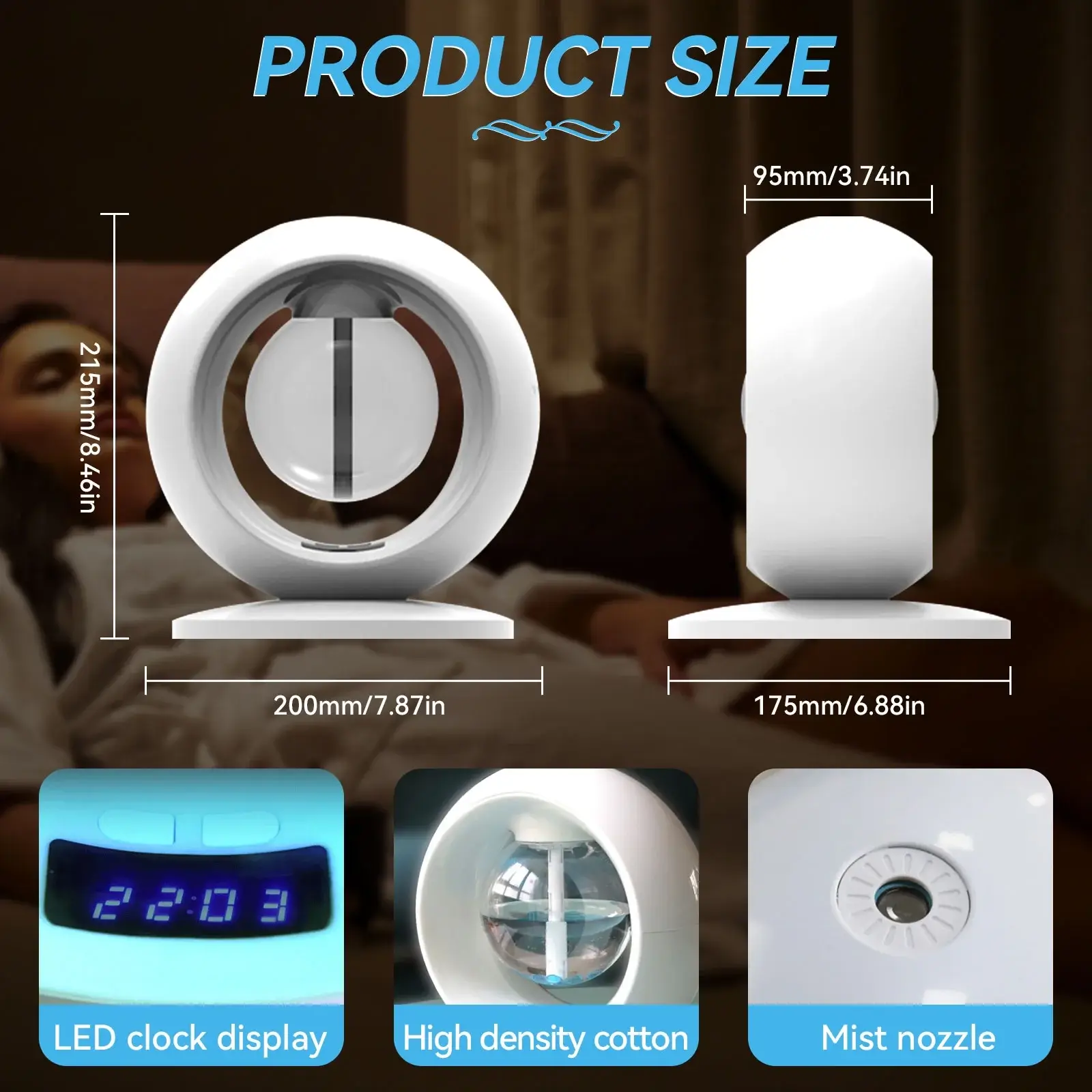 Air Humidifier White Electronic Clock Quiet for Home Living Room Bedroom