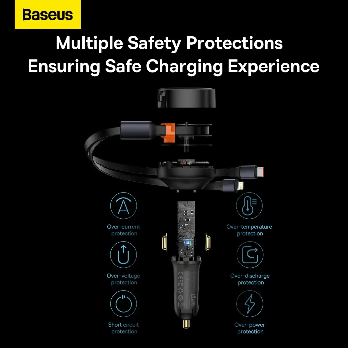 Baseus Enjoyment Series Retractable Car Charger Dual Output Type-C & Lightning 30W Fast Charging