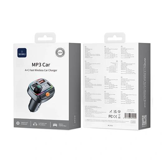WIWU Wi-QC031 MP3 38W Car Charger with FM Transmitter and 3 Ports 1 USB-C & 2 USB-A