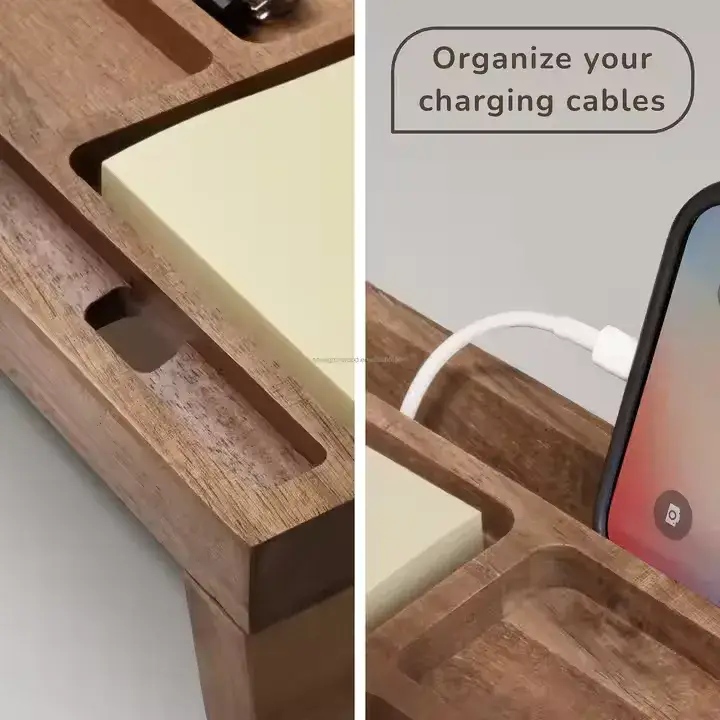Natural Wood Multi-Compartment Minimalist Desktop Organizer Storage Rack
