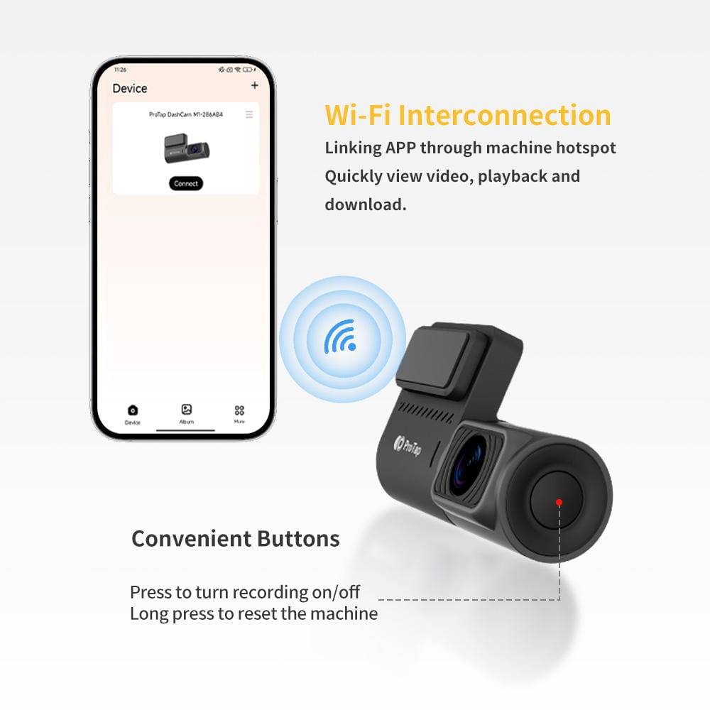 Protap M1 4K Dual Dash Cam with 1080P Rear View WiFi and Front & Rear Car Security Recording System