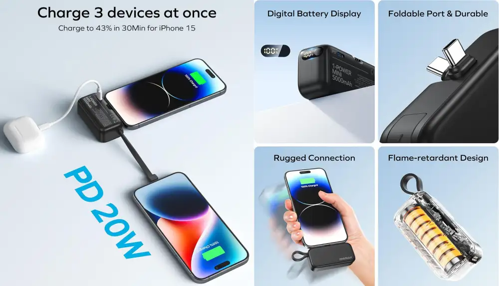 Momax IP130 1-Power Mini 5000mAh 3-in-1 Power Bank with Built-In USB-C Connector