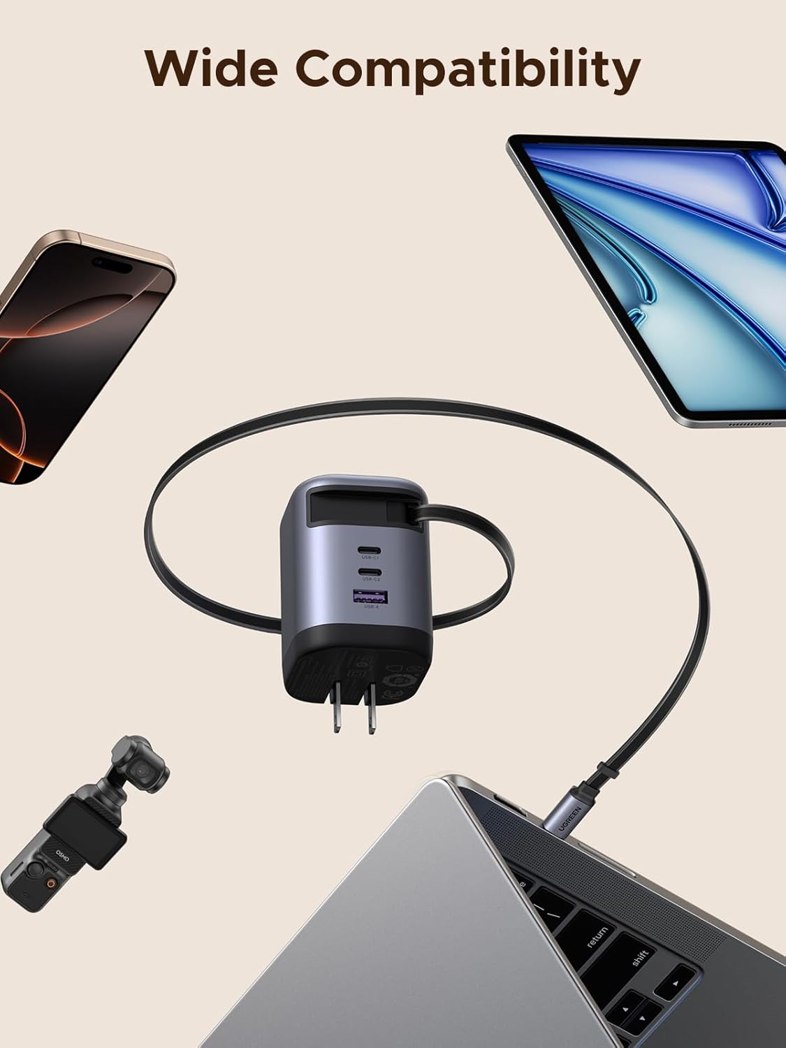 UGREEN Nexode X606 100W GaN USB-C Retractable Fast Charger with Built-in Cable