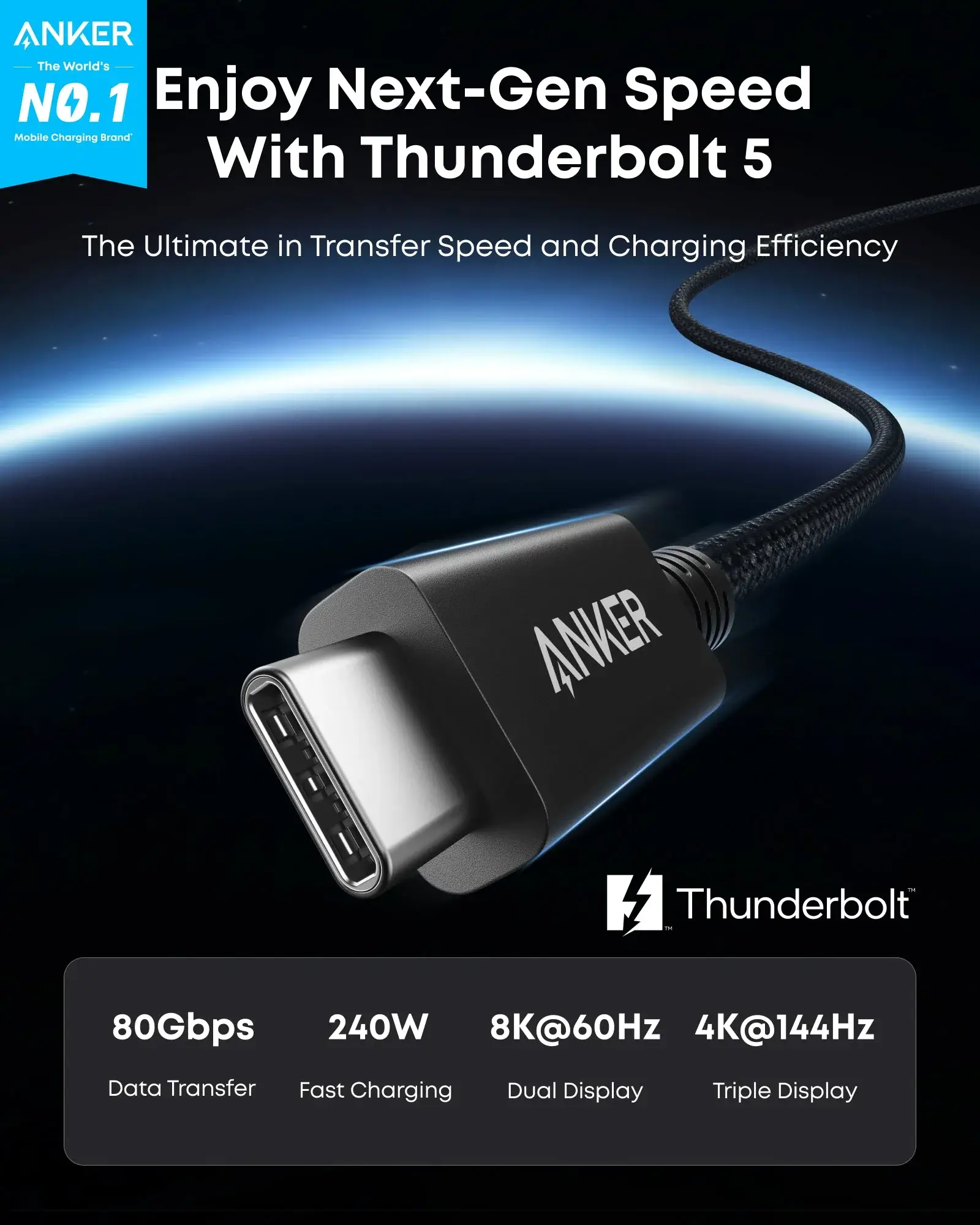 Anker Prime Thunderbolt 5 Cable 240W Power 80Gbps Data Transfer 3.3ft Length