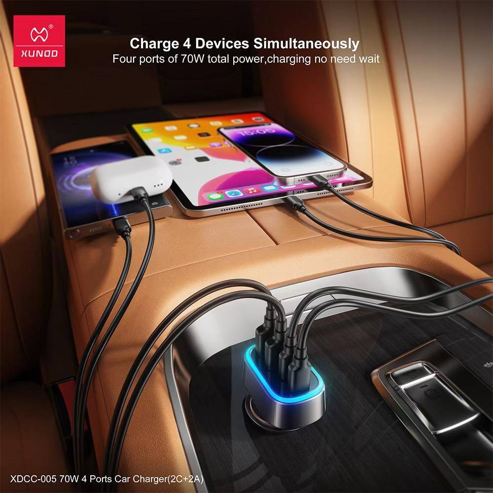 XUNDD XDCC-005 70W Dual USB-C & Dual USB-A 4-Port Fast Car Charger