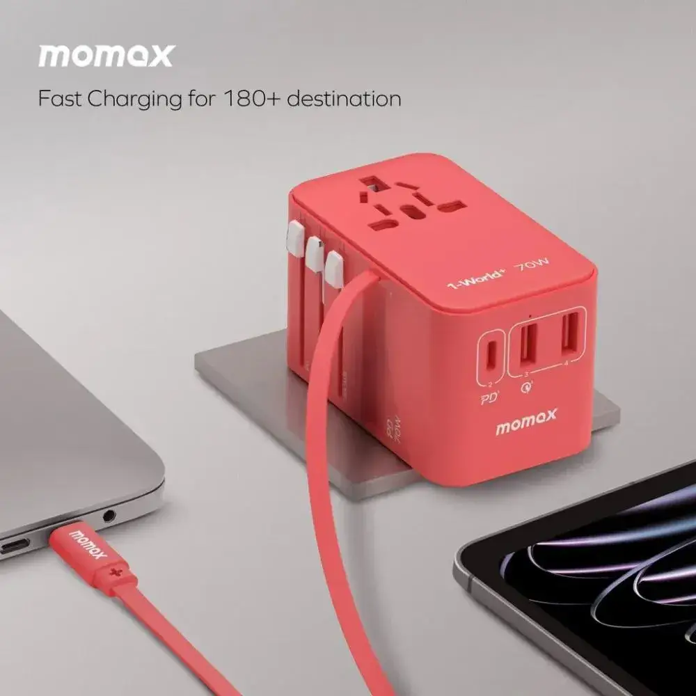 Momax UA18D Travel Charger 70W GaN Built in USB C Cable Universal Power for Laptops & Phones