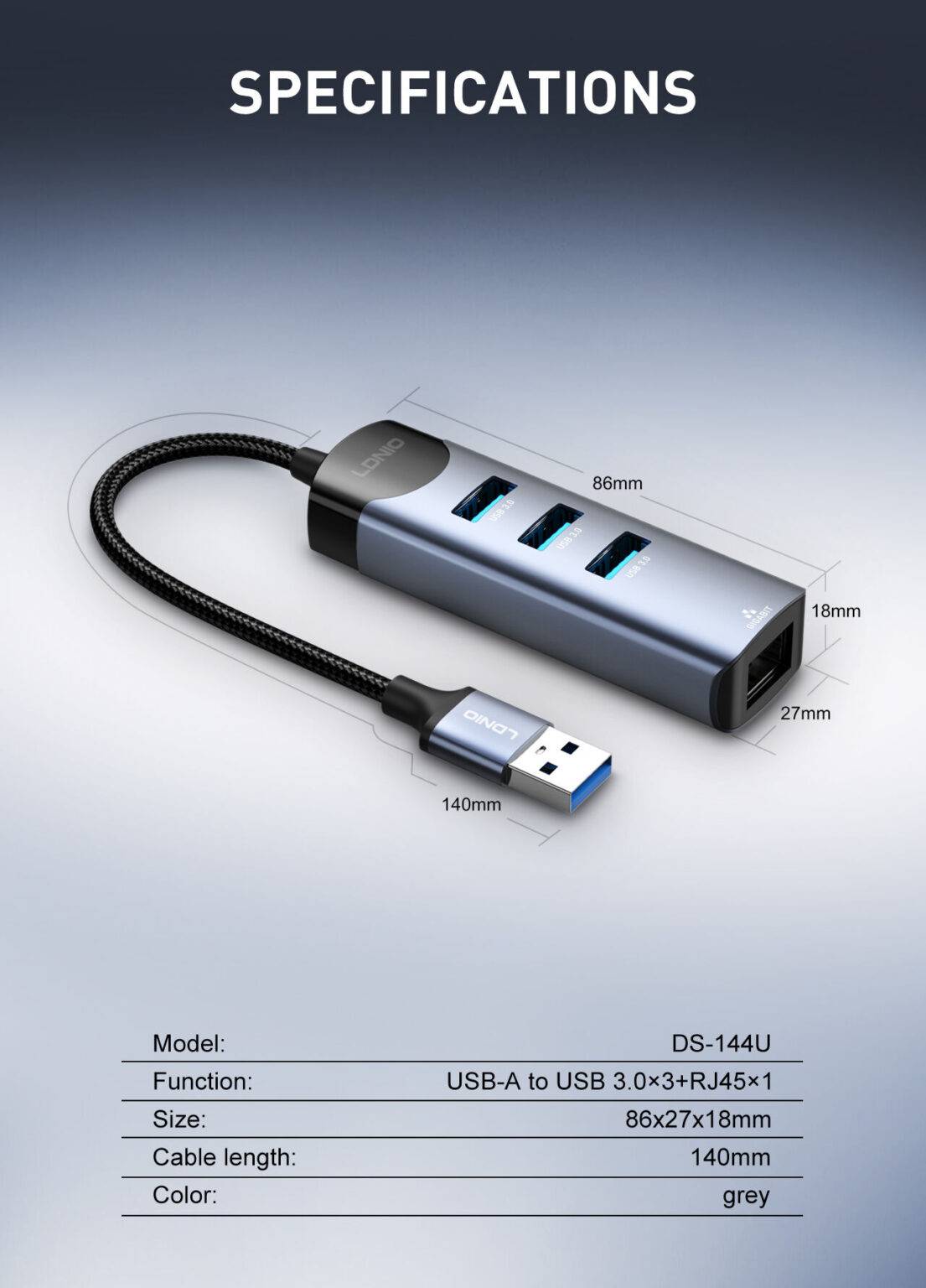 LDNIO DS-144U 4-in-1 USB-A Hub Adapter with Multi-Port Expansion