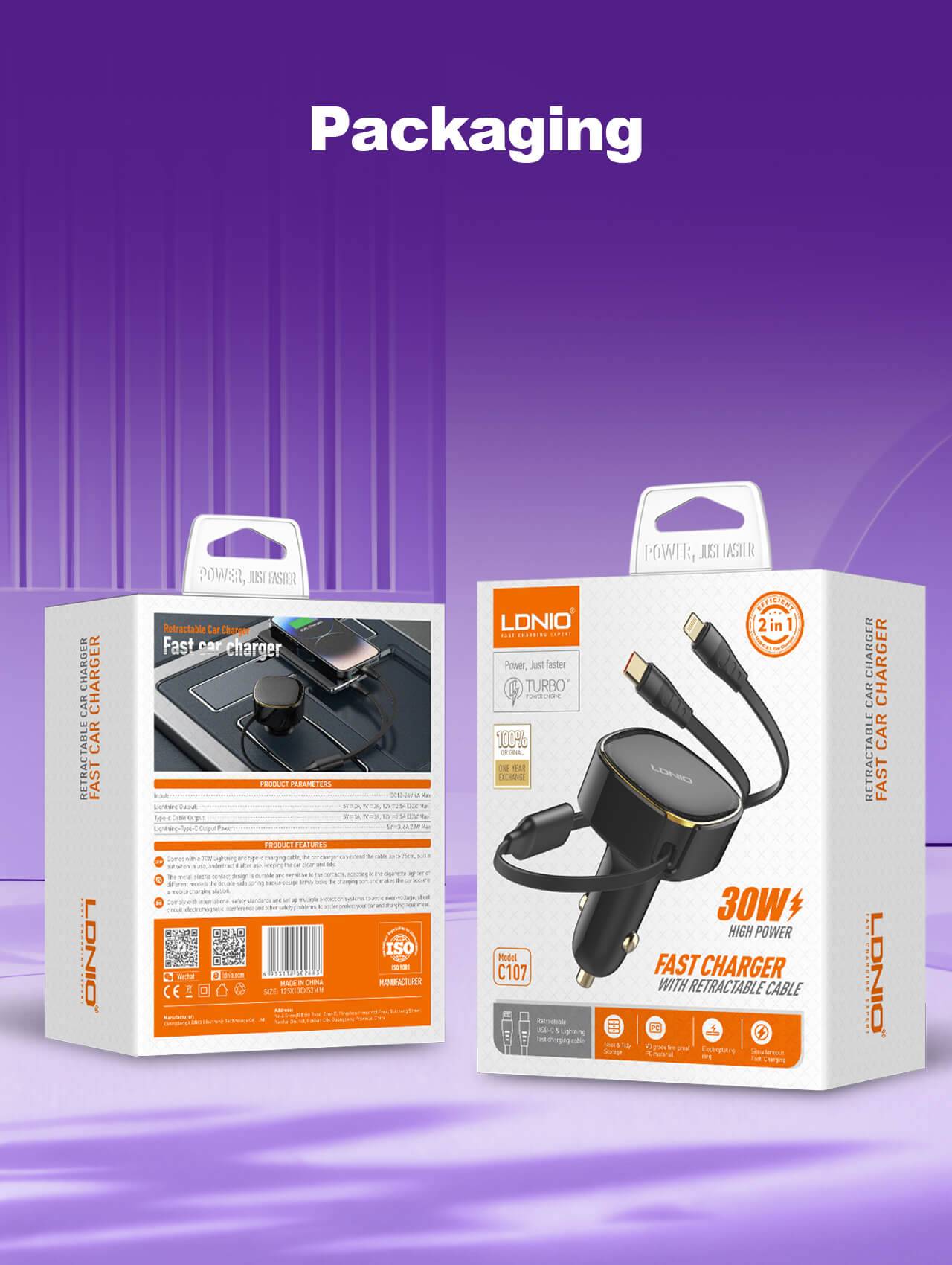 LDNIO C107 Ultra-Fast Car Charger with Built-in Type-C/Lightning Cable