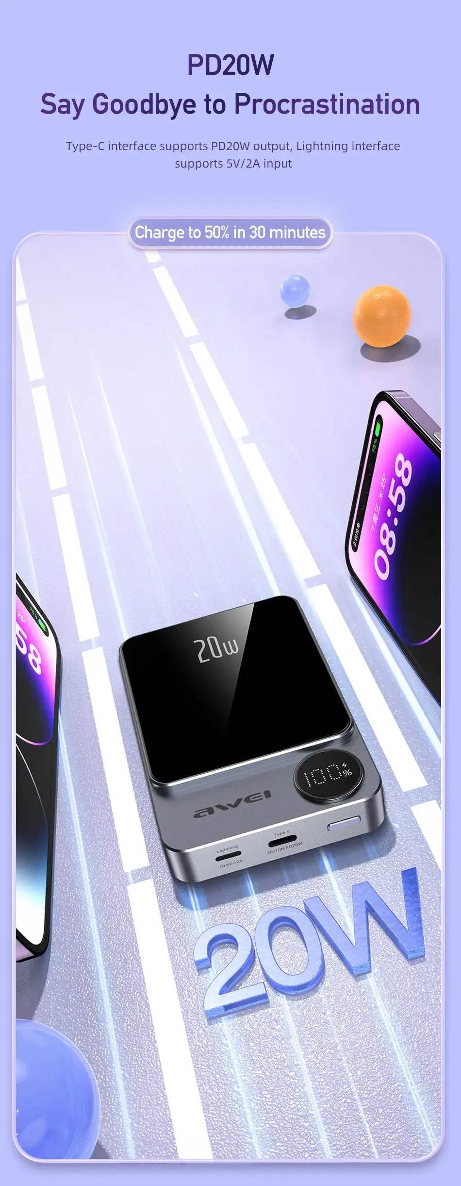 Awei P39K 10000mAh 20W PD Magnetic Wireless Power Bank