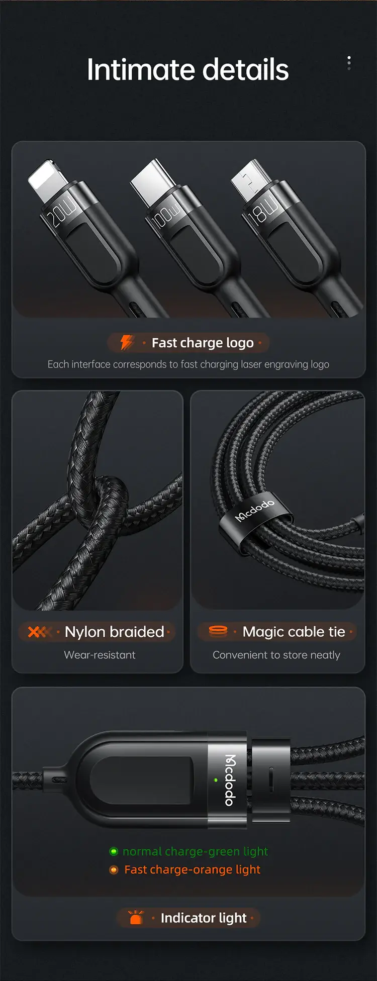 Mcdodo Thunder Series 2 in 3 Fast Charging Cable 100W (1.2M)