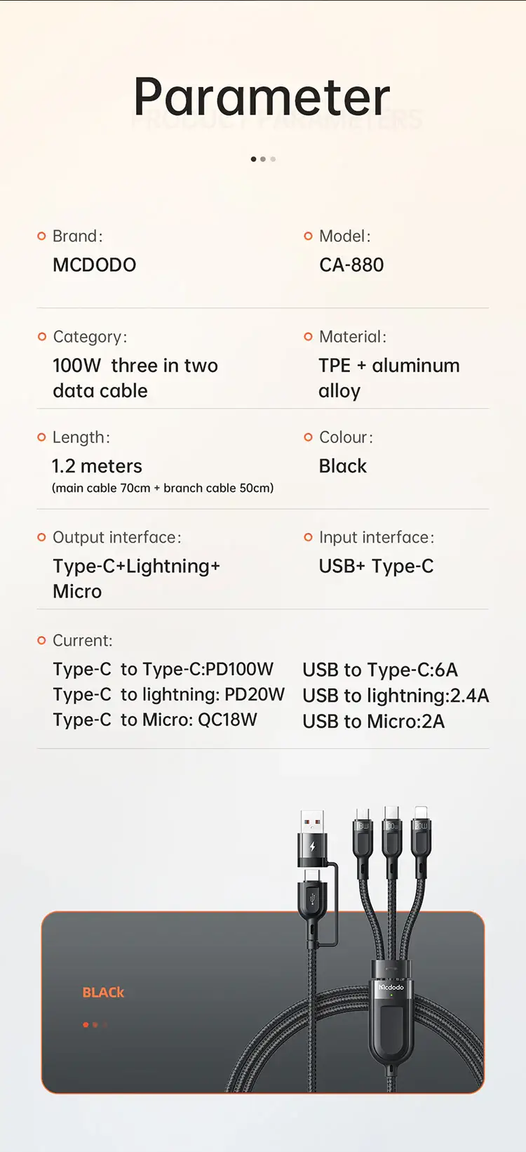 Mcdodo Thunder Series 2 in 3 Fast Charging Cable 100W (1.2M)