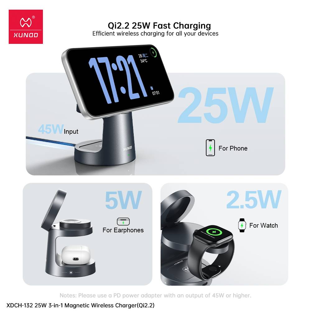 XUNDD XDCH-132 Qi2.2 25W 3 in 1 Magnetic Wireless Charger