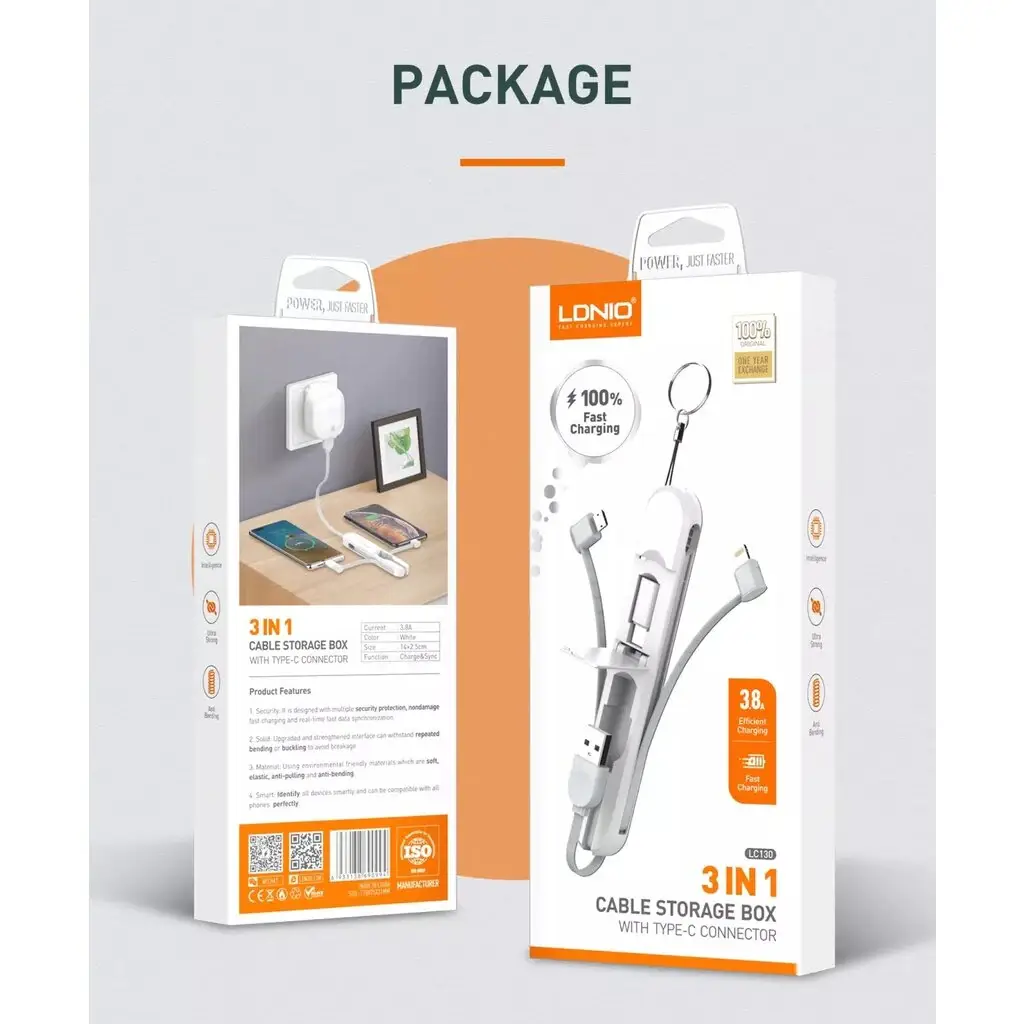 LDNIO LC130 3 in 1 Cable Storage Box With Type-C Connector