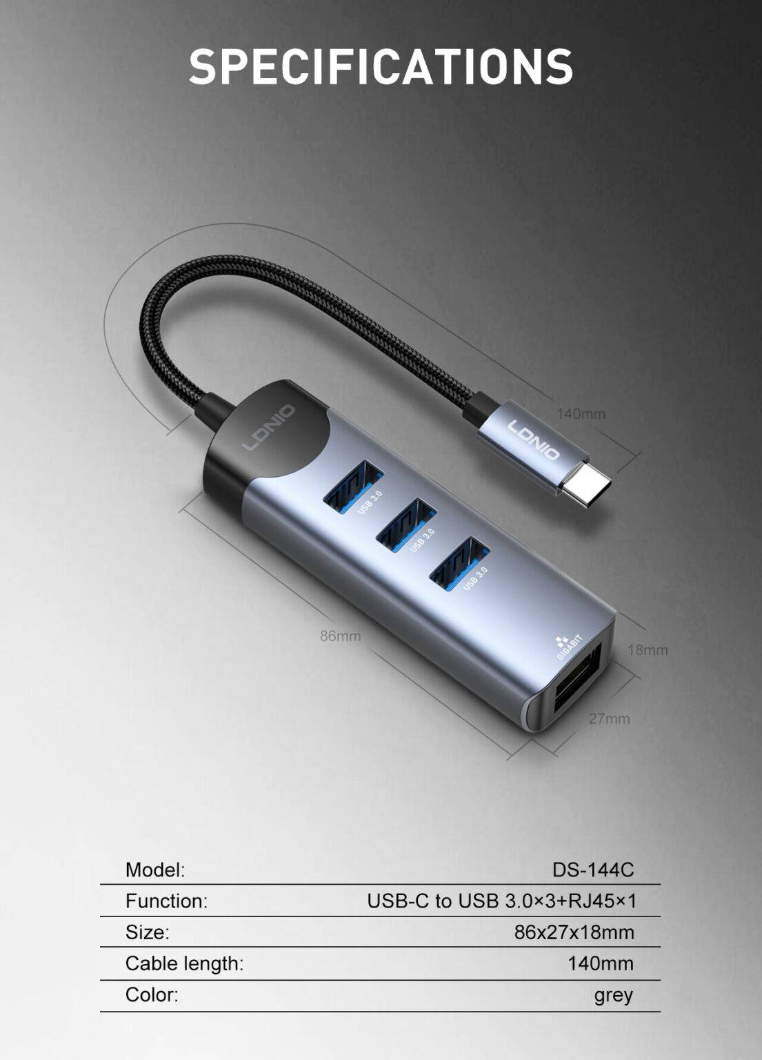 LDNIO DS-144C 4-in-1 USB-C Hub Adapter with Multi-Port Expansion