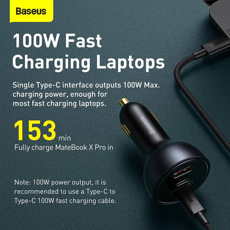 Baseus TZCCZM-0G 160W Car Charger with Qualcomm Quick Charge 2C+U & 100W USB-C Cable