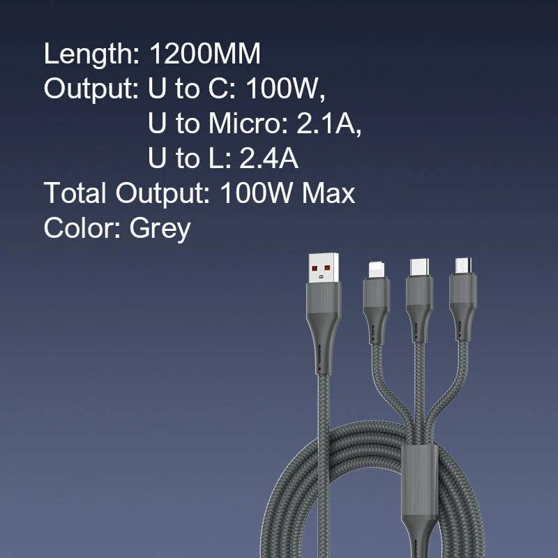 LDNIO LC97U 100W USB-A to Lightning/Micro USB/USB-C Fast Charging & Data Transfer Cable 1.2M