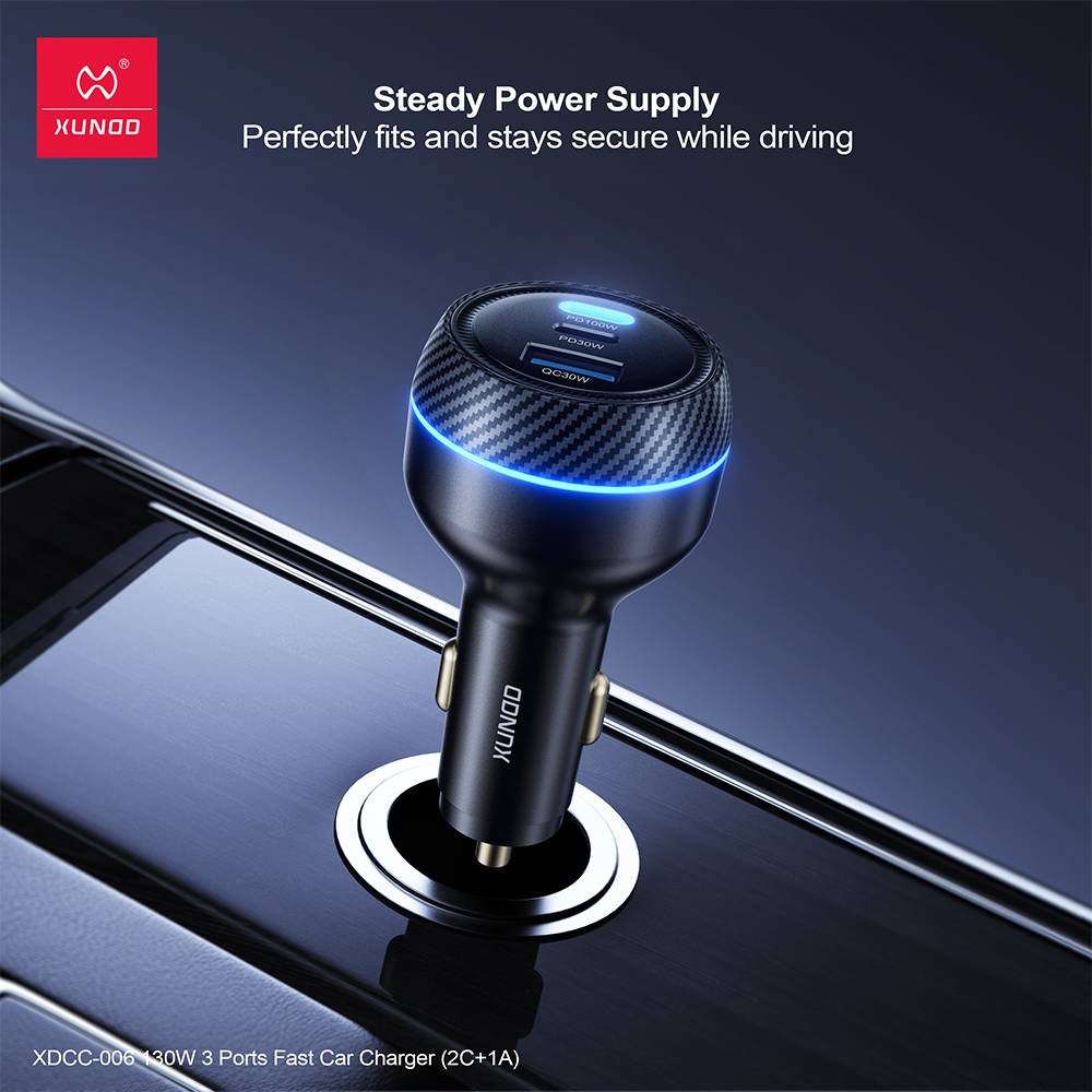XUNDD XDCC-006 130W Dual USB-C & USB-A 3-Port Fast Car Charger